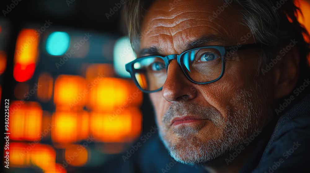 Poster a man with glasses is staring at the camera. the image has a moody and mysterious feel to it, as the