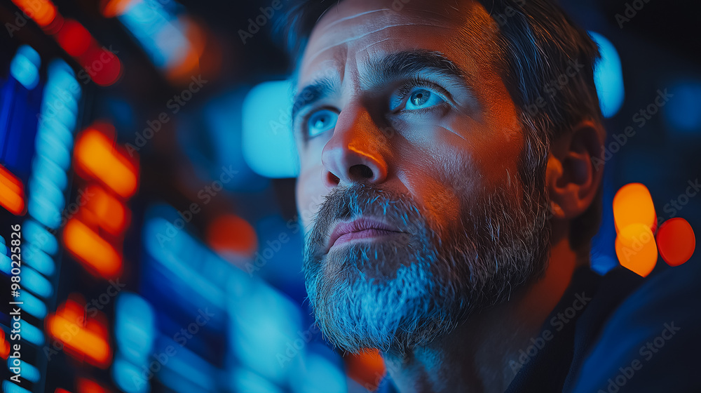 Poster a man with a beard and glasses looking at a computer screen. the image has a futuristic feel to it