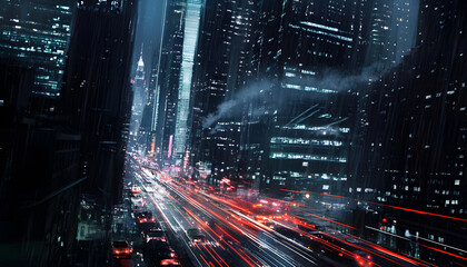 Obraz premium A bustling city at night, with skyscrapers illuminated and traffic creating streaks of light