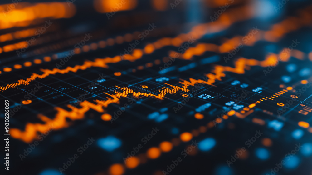 Poster A close up of a graph with orange and blue lines. The graph is showing a fluctuation in numbers