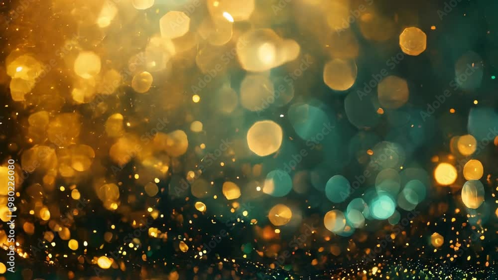 Poster a mesmerizing background featuring golden and teal bokeh lights, creating a dreamy and festive atmos
