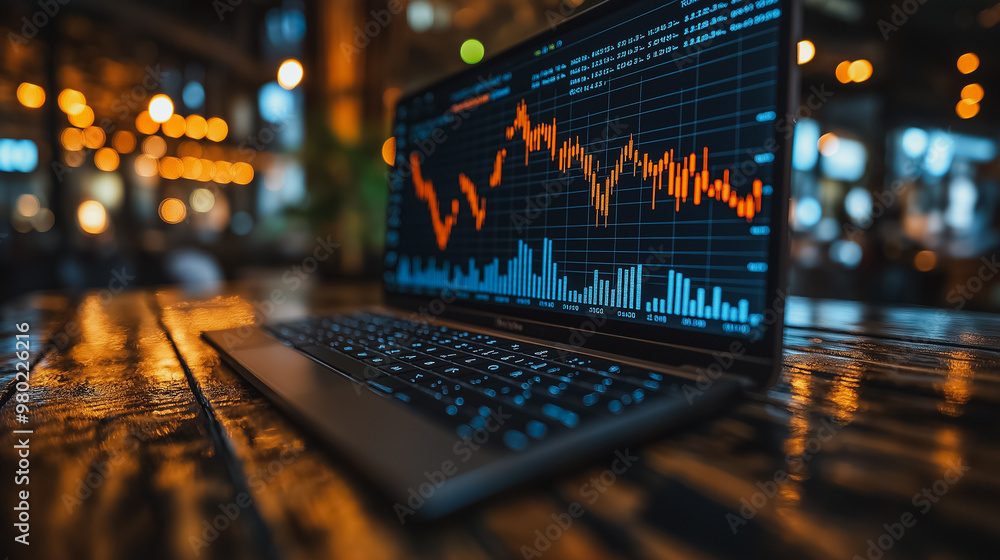 Poster a laptop displaying a graph of stock prices. scene is serious and focused, as the viewer is likely a