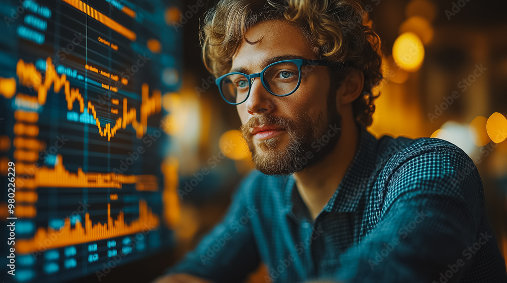 Poster a man with glasses is looking at a computer screen with a lot of numbers and graphs. he is focused a