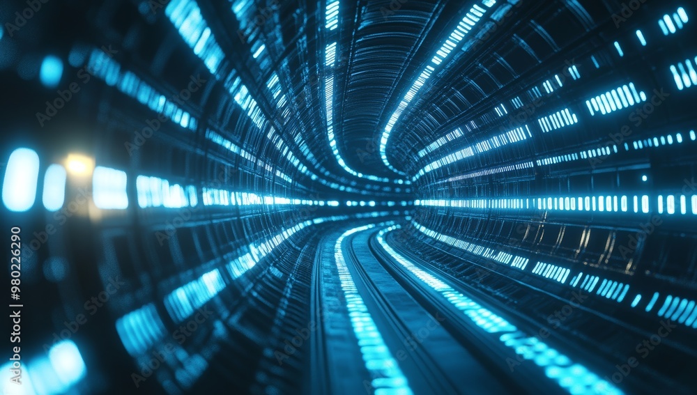 Poster futuristic digital background with blue glowing lines and tech elements, creating an abstract tunnel