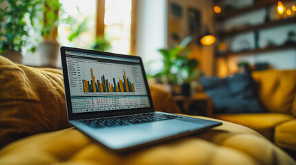 A laptop is open on a couch with a green plant in the background. The laptop screen shows a graph with a lot of numbers and lines. Concept of productivity and focus