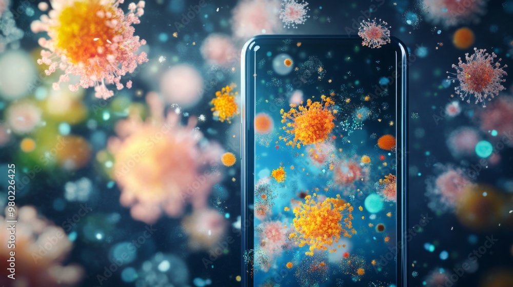 Fototapete A smartphone is showcased amidst a vibrant array of colorful virus illustrations floating around it, highlighting the intersection of technology and health in a visually striking manner.
