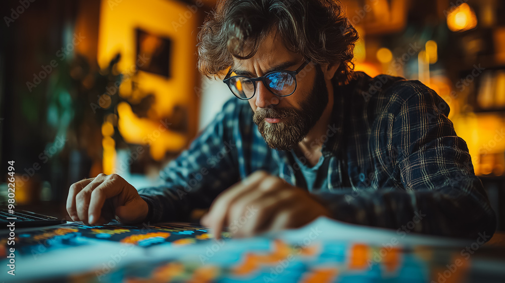 Aufkleber a man with glasses is sitting at a table looking at a chart. he is focused on the chart and he is in