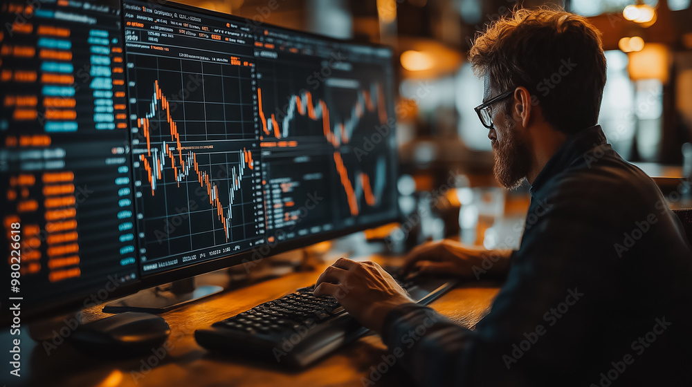 Poster a man is working on a computer with a monitor displaying stock market data. he is focused on the scr