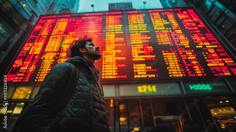 Poster a man stands in front of a large electronic board with many numbers and letters on it. he looks at t