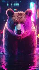 Synthwave style brown bear, illuminated by neon lights, against a vibrant, retro-futuristic landscape.