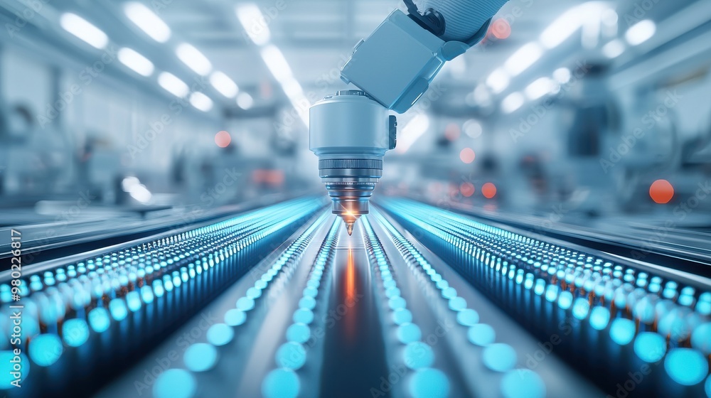 Poster a close-up view of a robotic arm working on an assembly line, demonstrating precision and advanced m