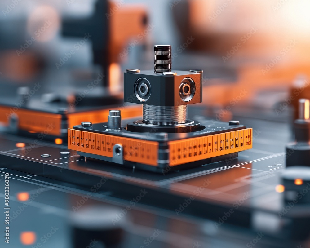 Poster close-up of a mechanical component with intricate details on a circuit board, showcasing innovative 