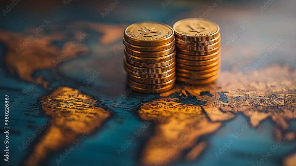 Aufkleber a stack of gold coins is on top of a map of the world. the coins are arranged in a pyramid shape, wi