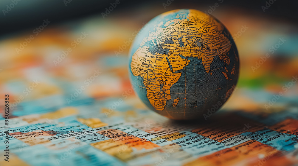 Poster a globe is sitting on a map of the world. the globe is yellow and blue and is the center of the map