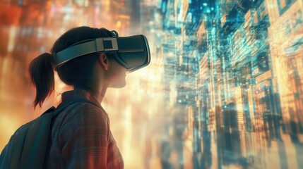 Woman Exploring a Virtual Cityscape with VR Headset