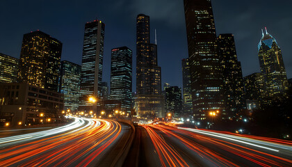 Fototapeta premium A bustling city at night, with skyscrapers illuminated and traffic creating streaks of light