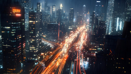 Fototapeta premium A bustling city at night, with skyscrapers illuminated and traffic creating streaks of light