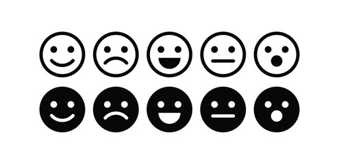 set of smile face cartoon icon vector design black white outline and black fill illustration isolated