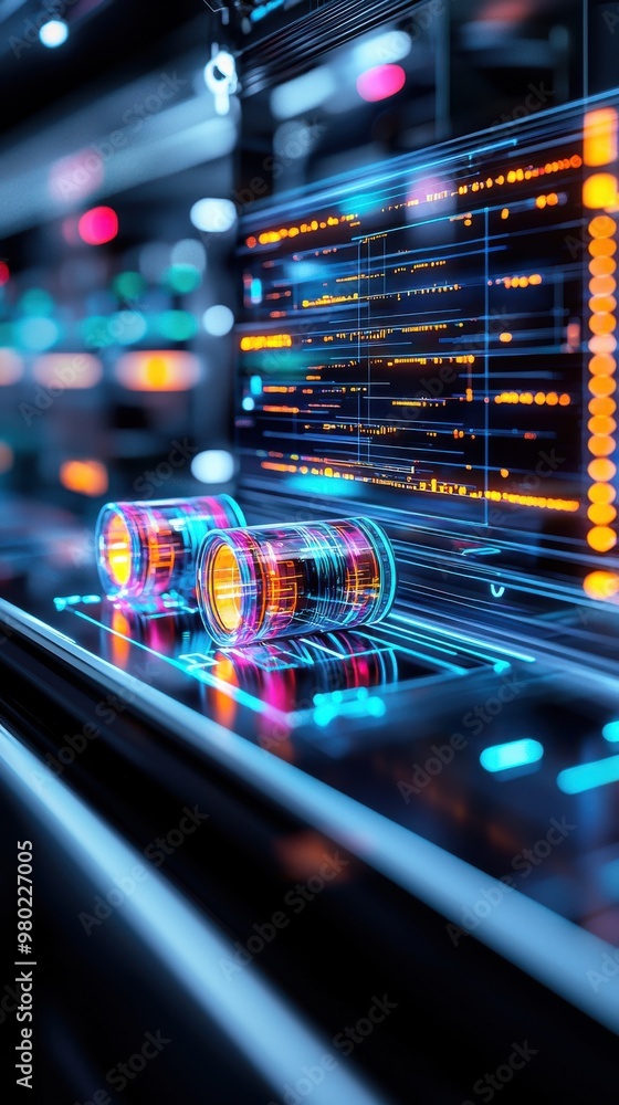 Poster futuristic data visualization with neon lights and circuits, showcasing a modern technological backd