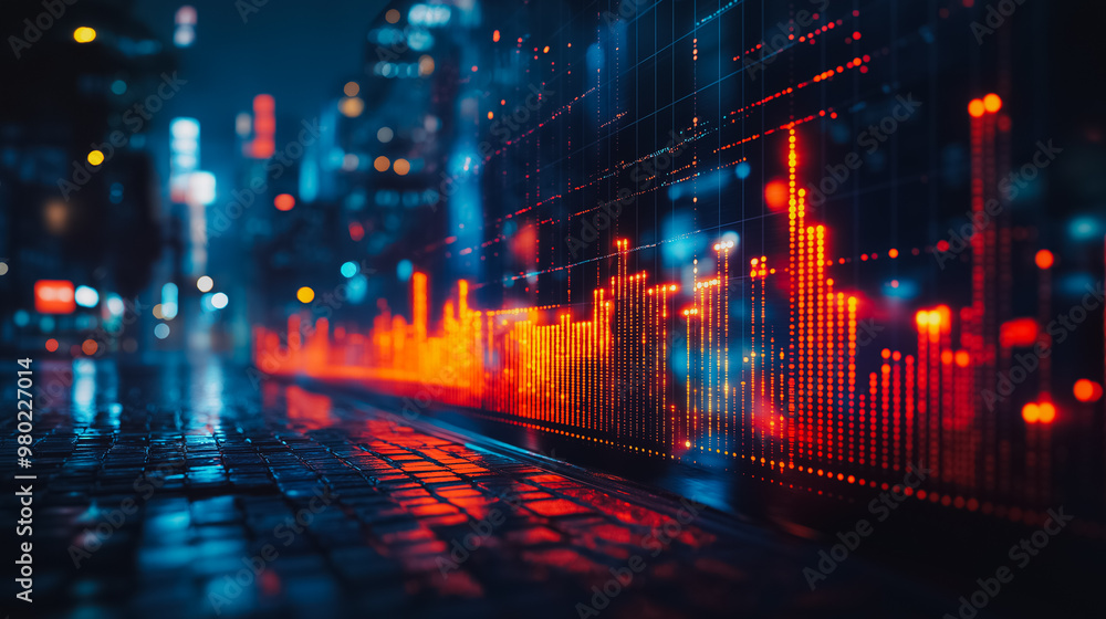 Poster a city skyline with a red and blue background and a series of orange lines. the orange lines are gra