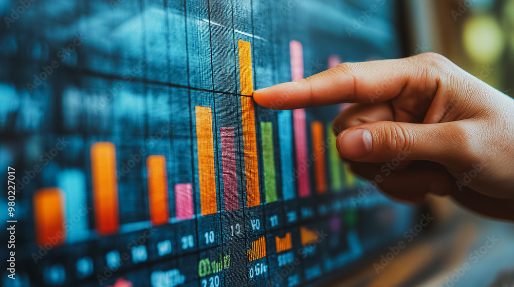 Poster a hand pointing at a graph with a red bar. the graph is showing a downward trend