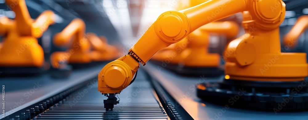 Poster high-tech industrial robot arm working on an assembly line in a modern factory, showcasing automatio