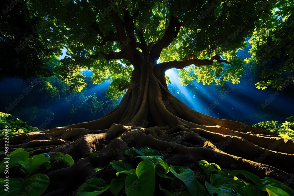 Poster an ancient tree with sprawling roots, surrounded by a magical forest with soft light filtering throu