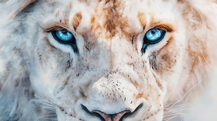 Closeup of a white lion s piercing blue eyes, detailed fur texture, soft pastel watercolor blending in the background, evoking calm and power