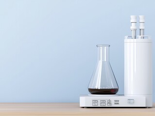 Modern laboratory equipment featuring a flask and a water distillation device on a wooden surface with a blue background.