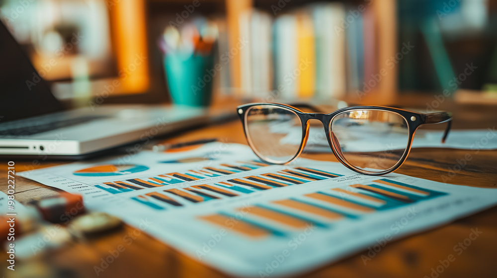 Poster a pair of glasses sits on top of a stack of papers with graphs on them
