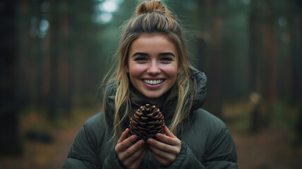 Celebrating World Smile Day in a serene forest with a joyful young woman holding a pine cone