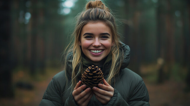 Celebrating World Smile Day in a serene forest with a joyful young woman holding a pine cone - Powered by Adobe