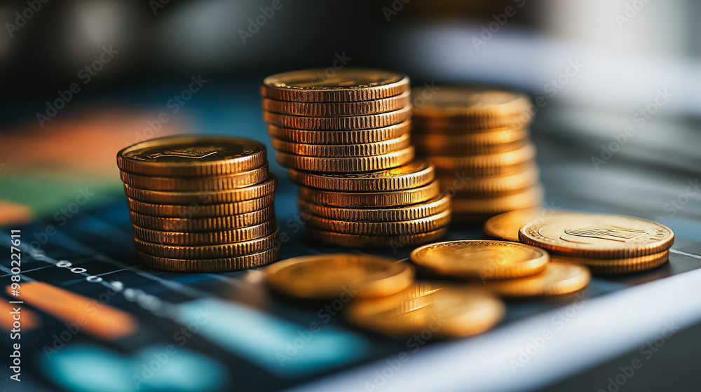 Poster a stack of gold coins on top of a piece of paper. the coins are piled on top of each other, creating
