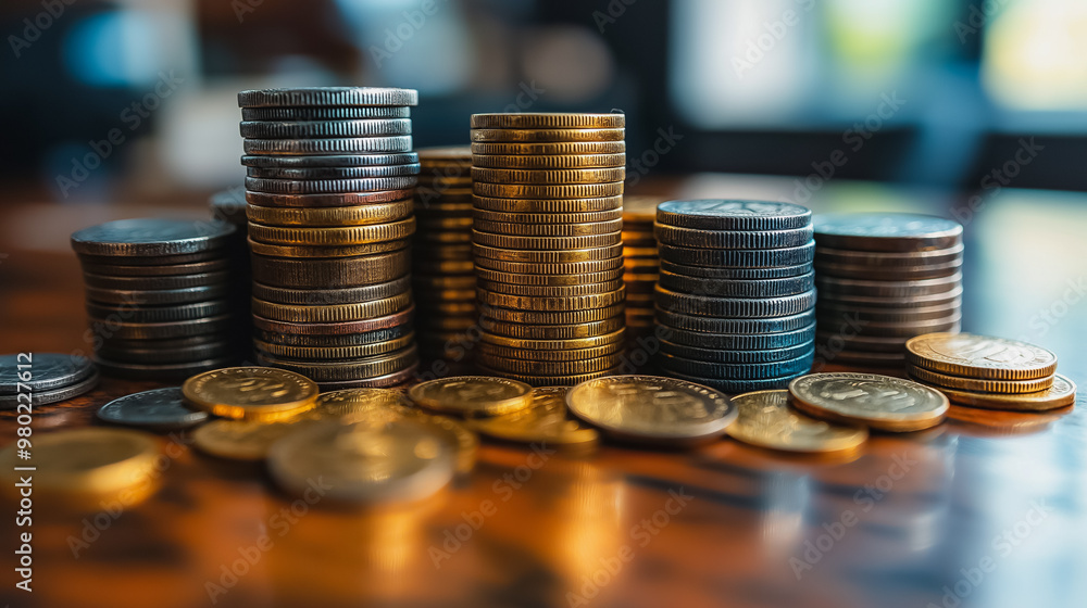 Poster a pile of coins with a variety of colors and sizes. the coins are stacked on top of each other, crea