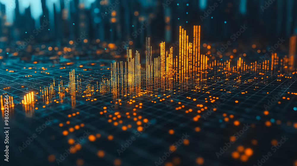 Aufkleber a computer generated image of a cityscape with orange and blue lines. the image has a futuristic and