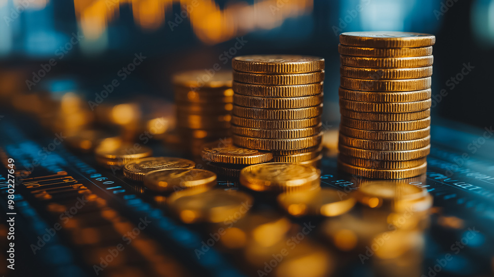 Aufkleber a stack of gold coins on a table. the coins are piled up in a row and are of different sizes. concep