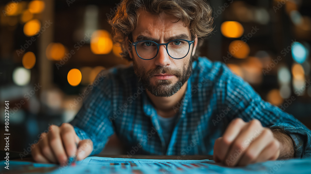 Poster a man with glasses is sitting at a table with a piece of paper in front of him. he is looking at the