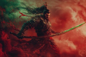 Fierce Guan Yu, god of war, in battle armor, holding his legendary Green Dragon Crescent Blade, dynamic pose, vibrant red and green hues, intense stormy sky