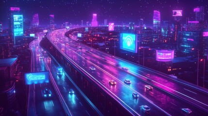 A sky-high futuristic highway with hover cars, massive urban sprawl below, holographic billboards, illuminated by purple and blue neon lights, cyberpunk, isometric view