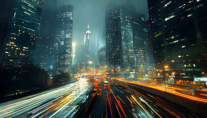 Obraz premium A bustling city at night, with skyscrapers illuminated and traffic creating streaks of light