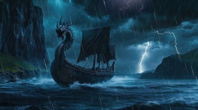 A Viking ship sailing in a stormy sea with lightning and rain.