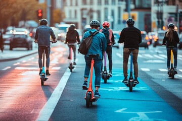 High-angle shot of a busy metropolitan area where a group of friends rides colorful electric scooters on a dedicated bike lane, with smart city technology in the background.