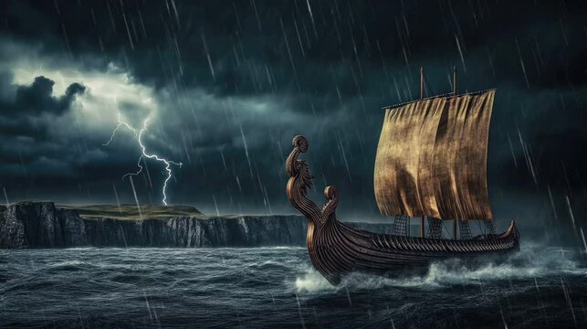 A Viking ship sailing in a storm with lightning.
