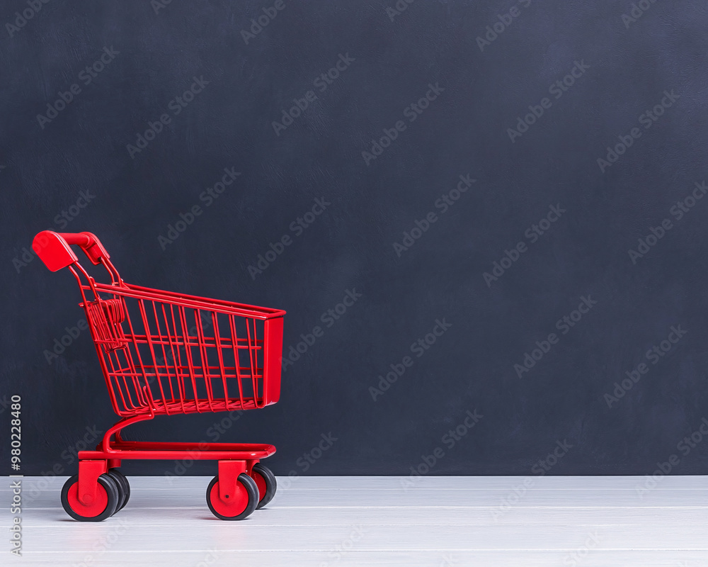 Wall mural a red shopping cart is on a black background. the cart is empty and is placed on a wooden floor