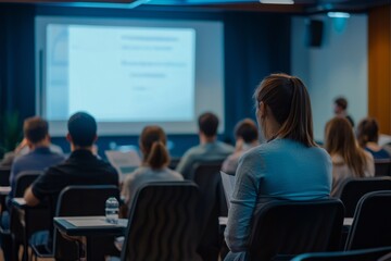 Employees Attending A Breakout Session At A Multinational Corporation Seminar. The Room Is Equipped With Projectors And Interactive Whiteboards
