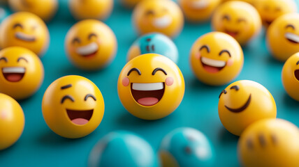 Celebrating World Smile Day with cheerful yellow smiley balls on a vibrant teal background