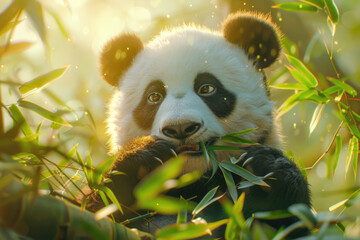 Fototapeta premium Pandas eat bamboo in the bamboo forest