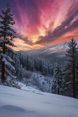 Naklejka premium Beautiful landscape view of forest winter with pink colored clouds, pine trees covered in snow