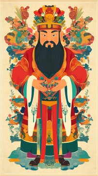 Fuxi god of knowledge in flat design, top view, ancient wisdom theme, animation, Splitcomplementary color scheme