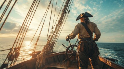 Fototapeta premium A pirate captain standing proudly at the helm of his ship, overlooking the ocean, ideal for dramatic stock images representing leadership or adventure